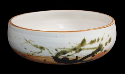 a white bowl with a brown rim on a black background