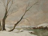 une image représentant un tableau d'une rivière dans un paysage enneigé