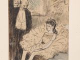 an image of a drawing of a woman sitting on a bed next to a man in a tuxedo