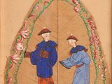 an old picture of two men shaking hands in front of a leaf