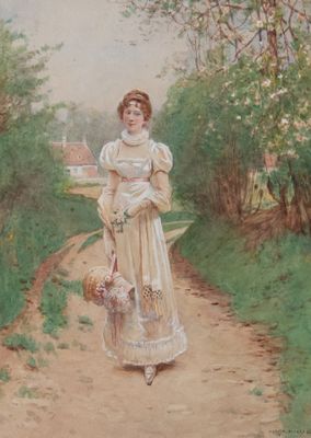 tableau représentant une femme marchant sur un chemin de terre avec un panier de fleurs