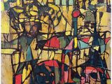 un tableau représentant un groupe de personnes avec des parapluies sur un fond jaune