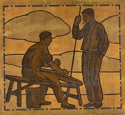 painting of two men sitting on a bench in front of a sky