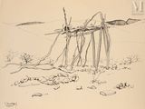 dessin représentant un homme debout devant une clôture dans le désert