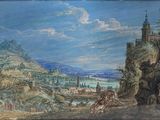 an image of a painting of a landscape with a castle in the distance