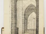 un vieux livre dans lequel figure le dessin d'une cathédrale