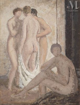 une image représentant un tableau où figure un groupe d'hommes nus