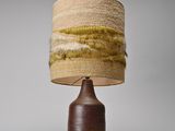 a lamp that is sitting on a table next to a wall