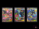 three different pokemon cards are displayed in a row on a black background