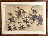 painting of a group of people in suits and hats with umbrellas