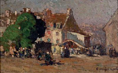 peinture représentant une scène de village avec une calèche devant un bâtiment