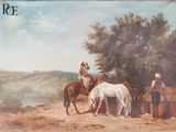 un tableau représentant un homme à cheval, à côté d'un cheval blanc