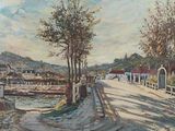 une peinture représentant une peinture d'un pont enjambant une rivière