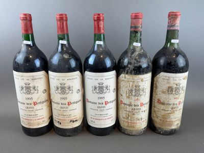 six bottles of wine are lined up in a row