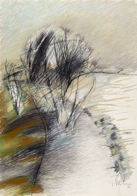 drawing of a landscape with trees and a river in the distance