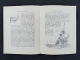 an open book with a drawing of a ship on it