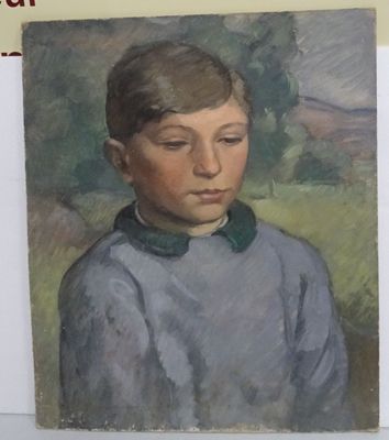 portrait of a young boy in a blue shirt and green collared shirt