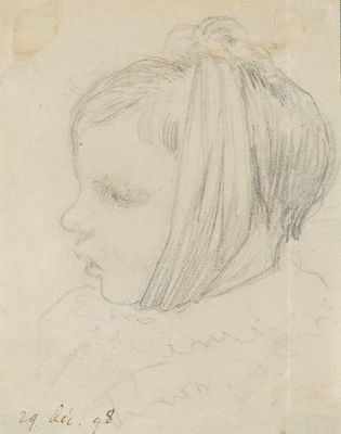 an old drawing of a young girl with her head turned to the side