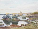 a painting of a bridge over a river with a castle in the background