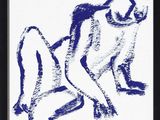 a blue and white drawing of a woman sitting on a chair