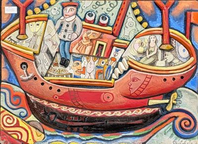 a painting of a man in a boat with people on it
