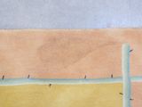 a picture of a painting of a beach with a fence