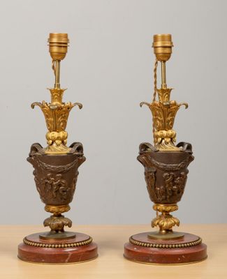 BARBEDIENNE, dans le goût de. Paire de lampes en bronze à pa…