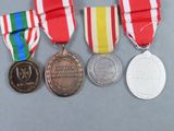 several medals are displayed on a gray surface with a red, yellow, green, and blue ribbon