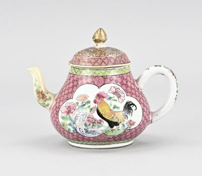 an image of a pink teapot with a rooster on it