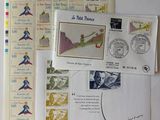 a lot of stamps on the wall of a room