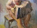 an oil painting of a man sitting on a bench playing an accordion