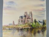 watercolor painting of a castle on the shore of a river