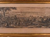 an old drawing of a view of a town with a river in the foreground