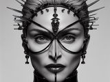 black and white photograph of a woman wearing a mask with spikes on her head