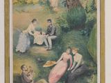painting of a group of people sitting on the grass in a wooded area