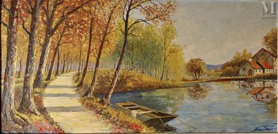 a painting of a boat on the water near a house