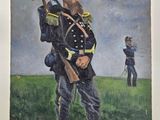 tableau représentant un homme en uniforme tenant un fusil dans un champ
