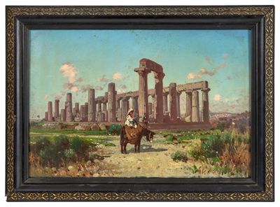 un tableau représentant un homme à cheval devant un temple