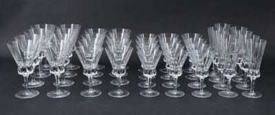 many empty wine glasses lined up on the table