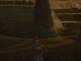 painting of a man and a dog in a landscape with a castle in the background