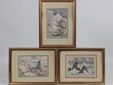 three framed paintings of a woman and two dogs on a beach