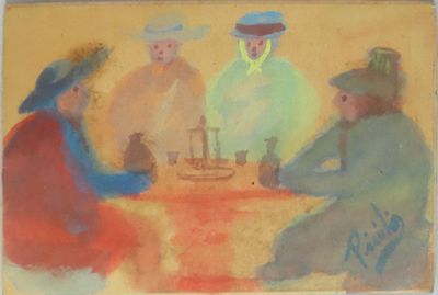 peinture d'un groupe de personnes assises autour d'une table dans une pièce