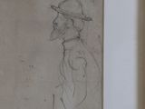 drawing of a man with a hat and a cane in a room