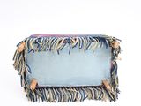 fringed clutch bag in blue with pink and white trim