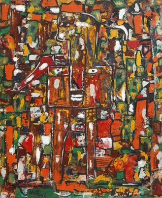 une peinture abstraite représentant un paysage urbain aux couleurs variées