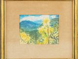 an oil painting of mountains and trees in a gold frame