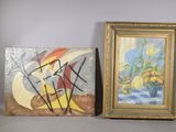 deux tableaux posés côte à côte sur une étagère