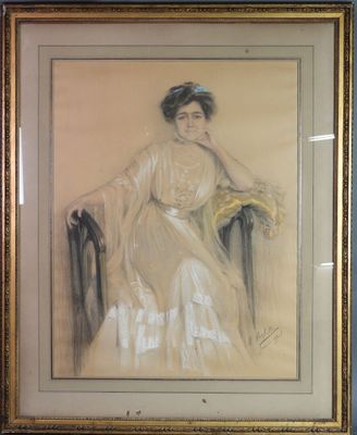 tableau représentant une femme en robe blanche assise sur une chaise