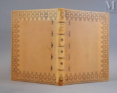 un vieux livre relié en cuir dont la couverture est ornée d'un motif décoratif