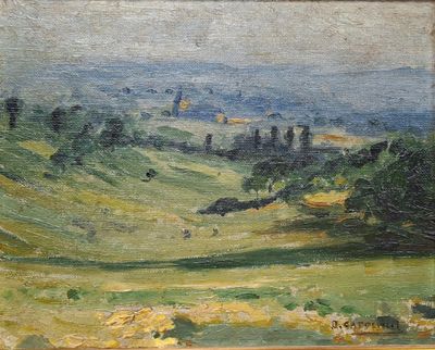 une peinture à l'huile représentant un paysage avec des collines et des arbres au loin